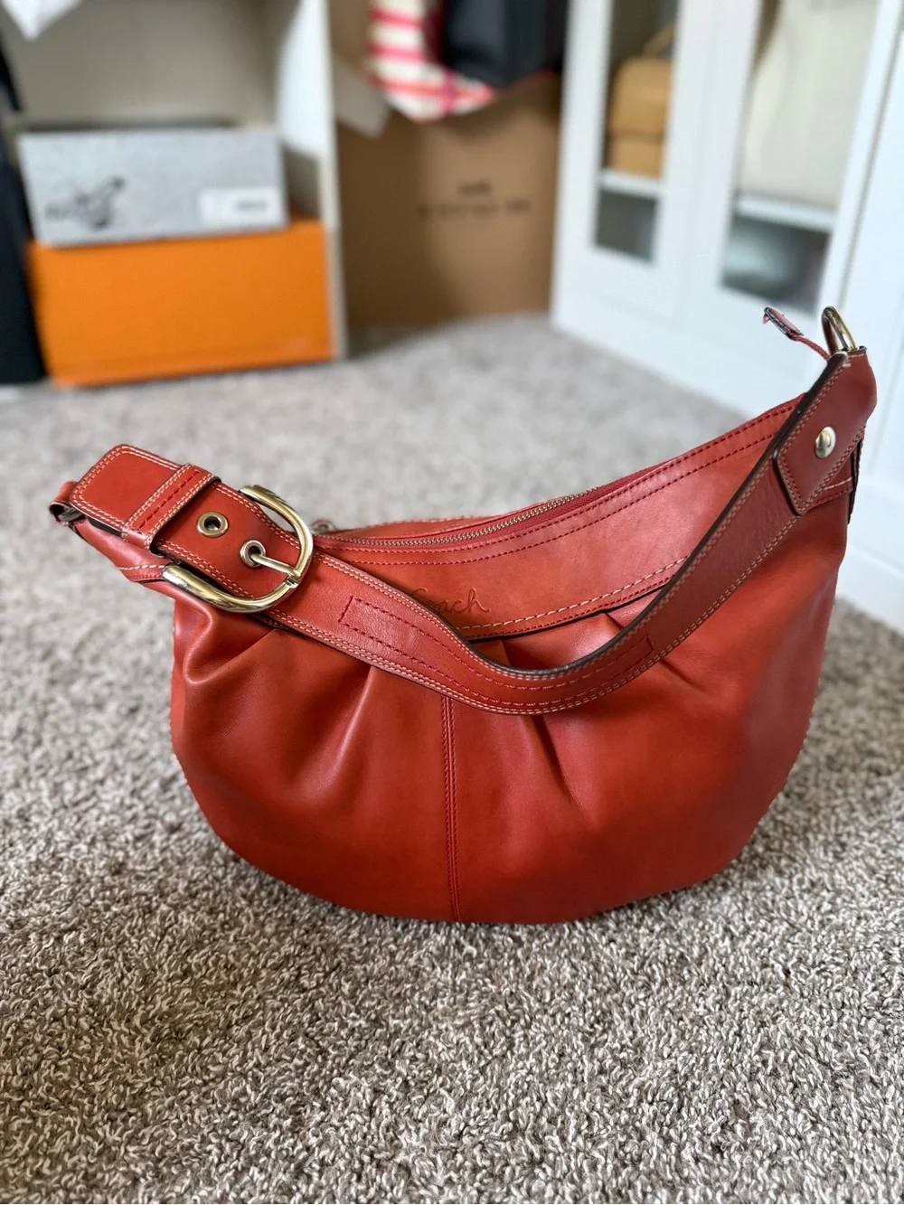 Coach Burnt orange Leather Hobo Bag with Silver Hardware
